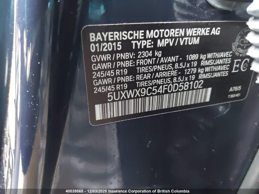 2015 BMW X3 xDrive28I VIN: 5UXWX9C54F0D58102 Lot: 40039565