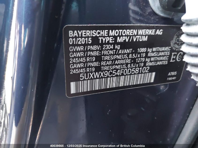 2015 BMW X3 xDrive28I VIN: 5UXWX9C54F0D58102 Lot: 40039565