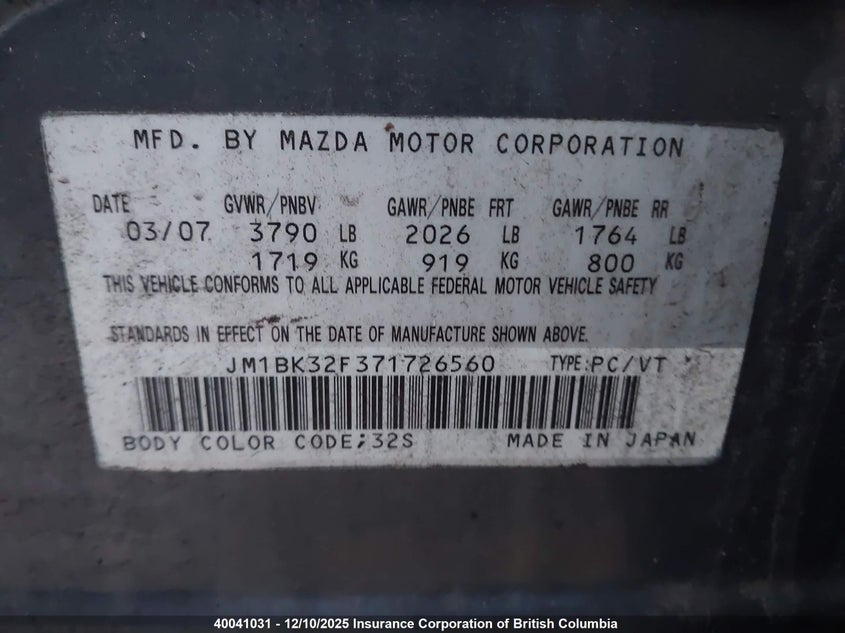 JM1BK32F371726560 2007 MAZDA 3 photo no. 9