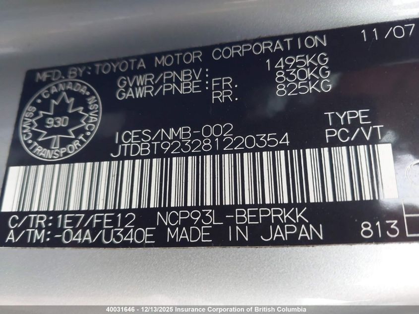 2008 Toyota Yaris VIN: JTDBT923281220354 Lot: 40031646