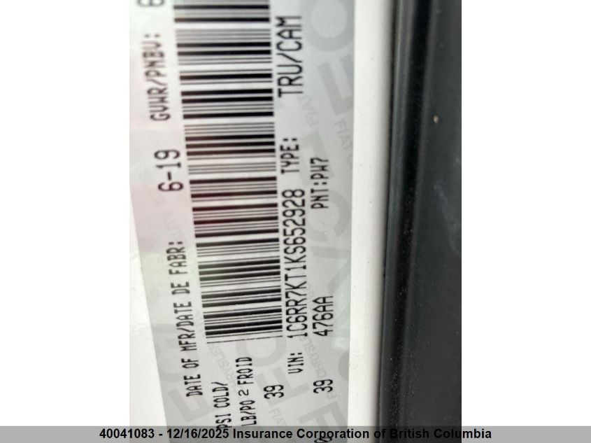 2019 Ram 1500 Classic Tradesman VIN: 1C6RR7KT1KS652928 Lot: 40041083