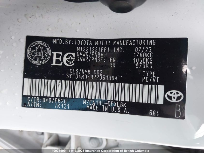 2023 Toyota Corolla Le VIN: 5YFB4MDE8PP061994 Lot: 40035999