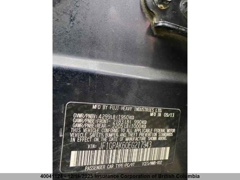 2014 Subaru Impreza Limited VIN: JF1GPAK60EG217943 Lot: 40041124