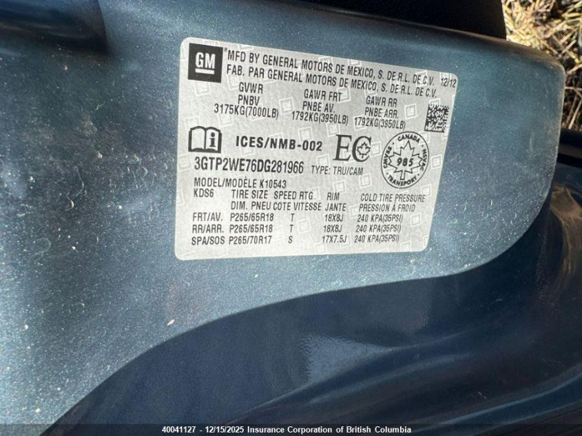 2013 GMC Sierra 1500 VIN: 3GTP2WE76DG281966 Lot: 40041127