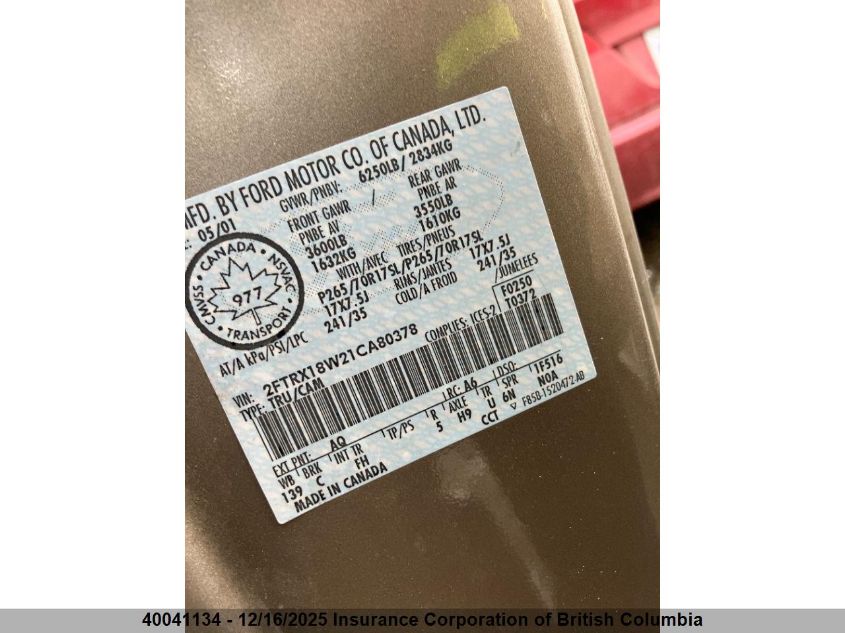 2001 Ford F150 VIN: 2FTRX18W21CA80378 Lot: 40041134