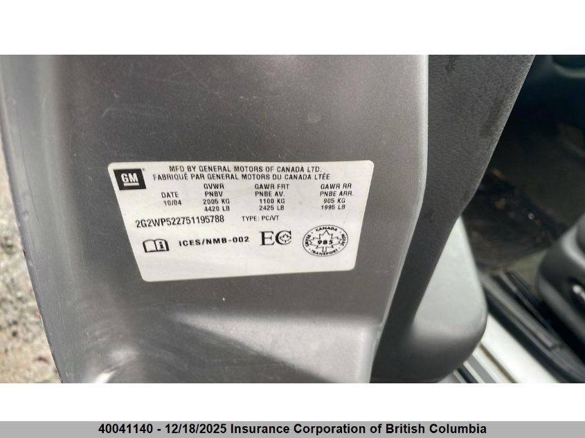 2005 Pontiac Grand Prix VIN: 2G2WP522751195788 Lot: 40041140