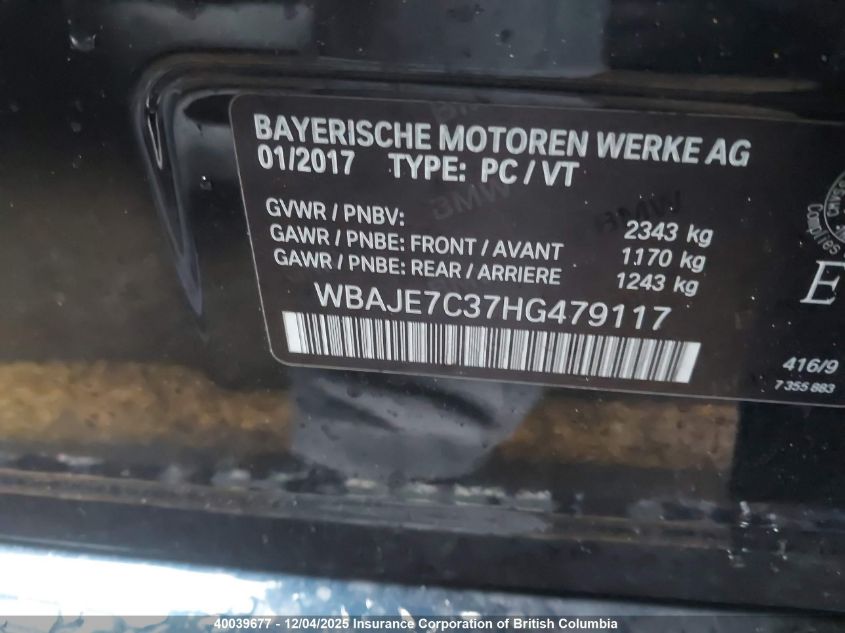 2017 BMW 540 Xi VIN: WBAJE7C37HG479117 Lot: 40039677