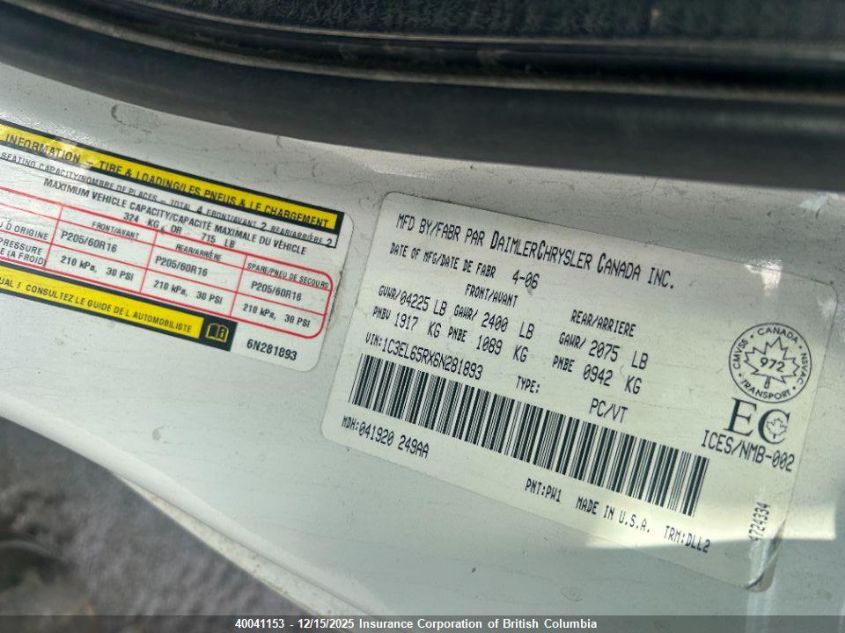 2006 Chrysler Sebring Limited VIN: 1C3EL65RX6N281893 Lot: 40041153