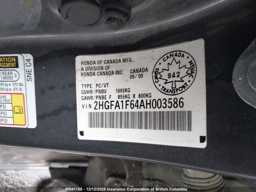 2010 Honda Civic VIN: 2HGFA1F64AH003586 Lot: 40041155