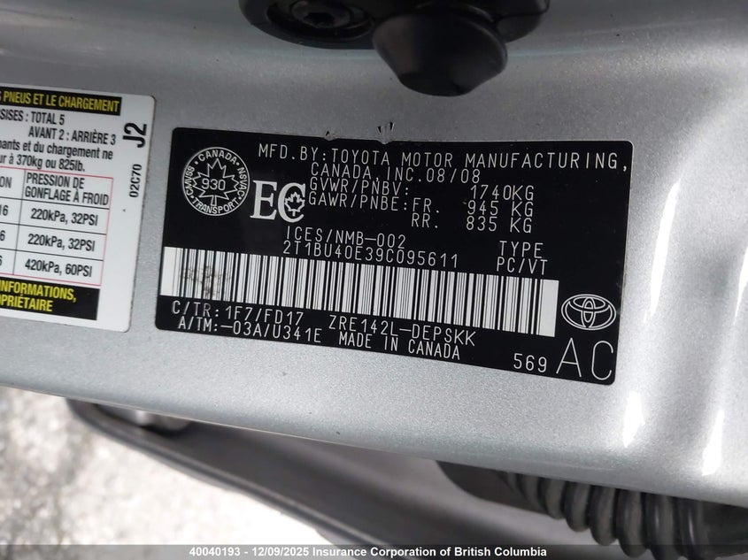 2T1BU40E39C095611 2009 TOYOTA COROLLA photo no. 9