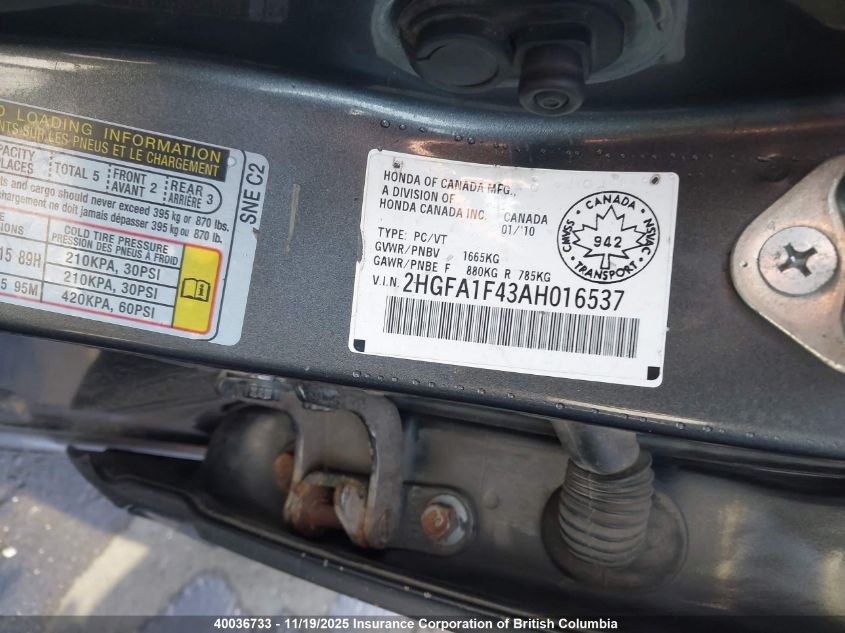 2010 Honda Civic Dx-G VIN: 2HGFA1F43AH016537 Lot: 40036733