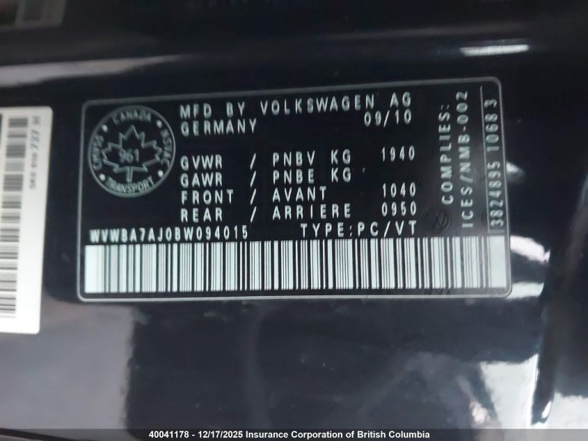 2011 Volkswagen Golf VIN: WVWBA7AJ0BW094015 Lot: 40041178