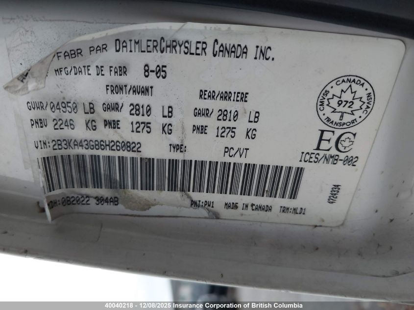 2006 Dodge Charger Se/Sxt VIN: 2B3KA43G86H260822 Lot: 40040218