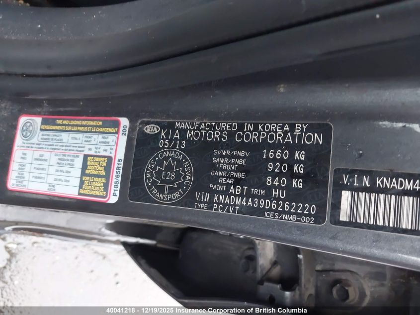 2013 Kia Rio VIN: KNADM4A39D6262220 Lot: 40041218