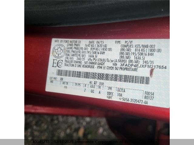 2015 Ford Fiesta Se VIN: 3FADP4EJXFM217654 Lot: 40041233