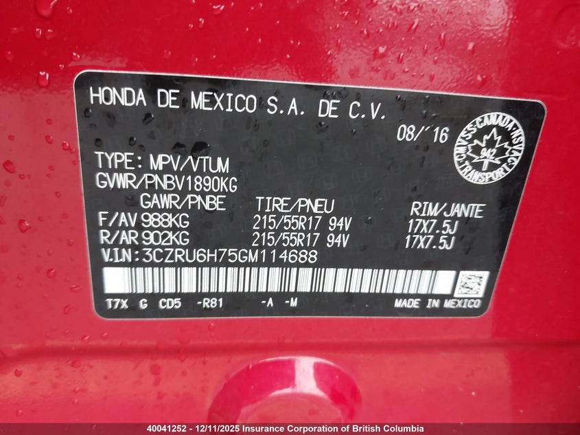 3CZRU6H75GM114688 2016 HONDA HR-V photo no. 9