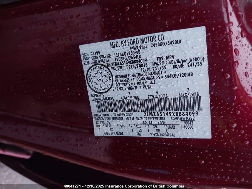 2FMZA5149XBB84099 1999 FORD WINDSTAR photo no. 9