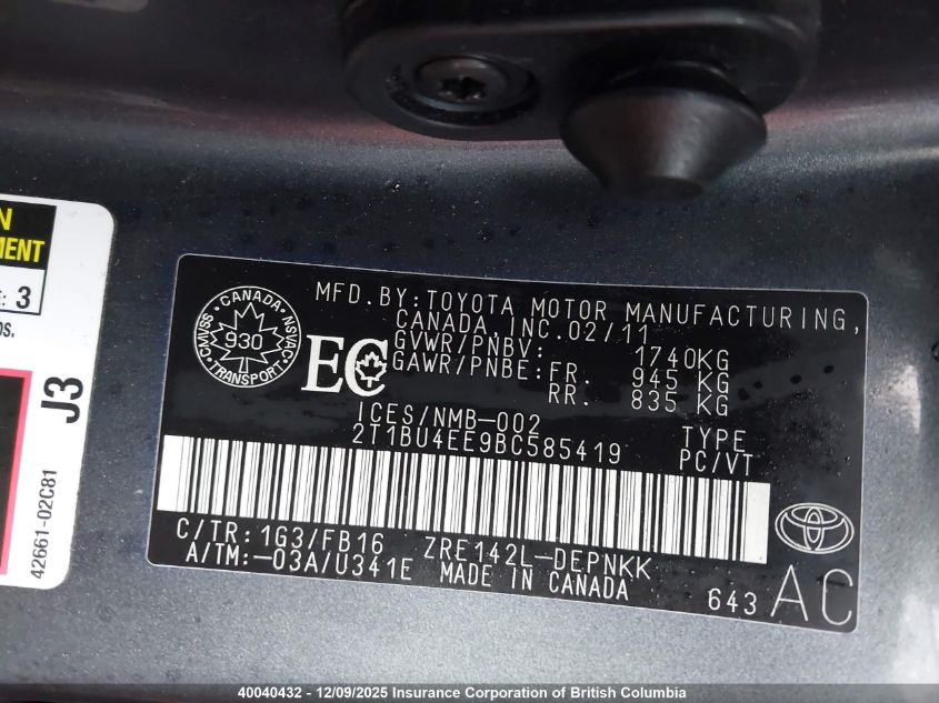 2011 Toyota Corolla S/Le VIN: 2T1BU4EE9BC585419 Lot: 40040432