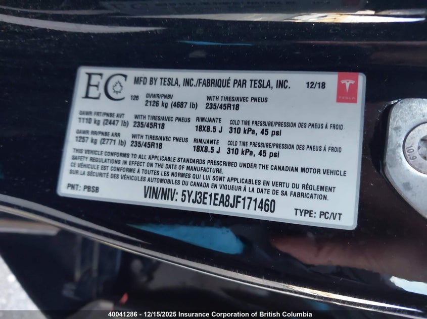 5YJ3E1EA8JF171460 2018 TESLA MODEL 3 photo no. 9