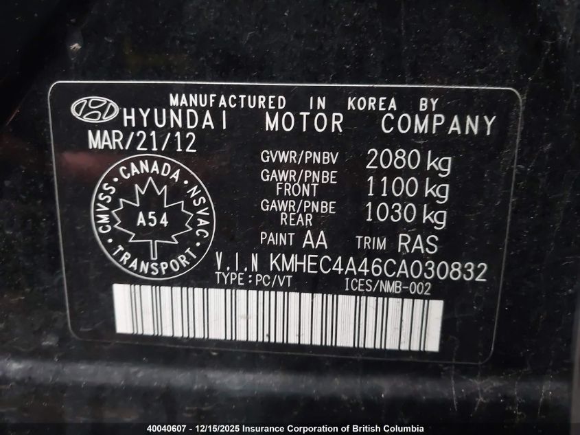 2012 Hyundai Sonata Hybrid Hybrid VIN: KMHEC4A46CA030832 Lot: 40040607