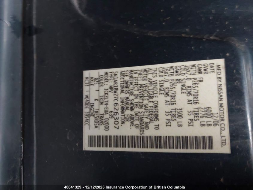 2007 Nissan Pathfinder Le/Se/Xe VIN: 5N1AR18W27C626307 Lot: 40041329