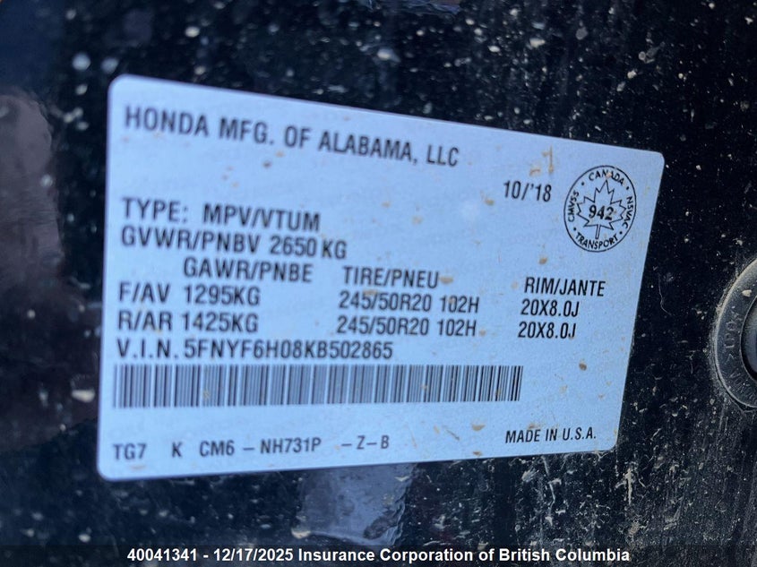 5FNYF6H08KB502865 2019 HONDA PILOT photo no. 18