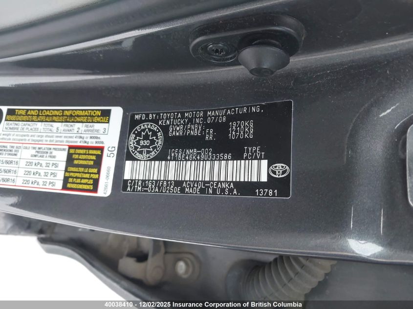 2009 Toyota Camry Le VIN: 4T1BE46K49U333586 Lot: 40038410