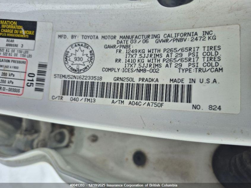 2006 Toyota Tacoma Double Cab Long Bed VIN: 5TEMU52N16Z233518 Lot: 40041393