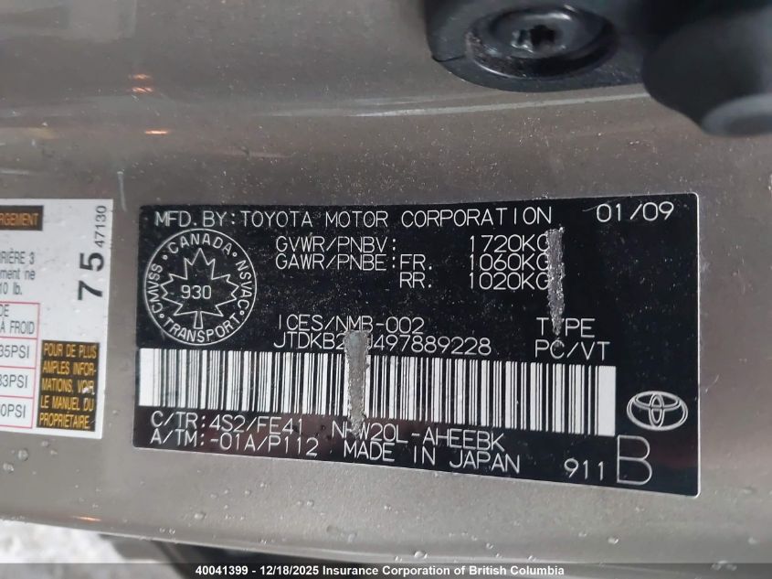 2009 Toyota Prius VIN: JTDKB20U497889228 Lot: 40041399