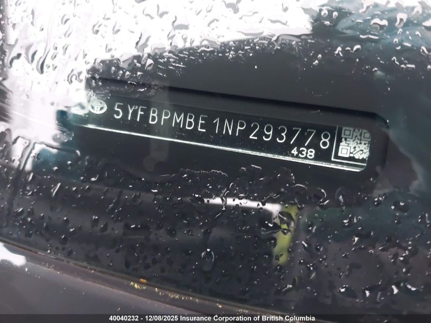 2022 Toyota Corolla Le/Xle VIN: 5YFBPMBE1NP293778 Lot: 40040232