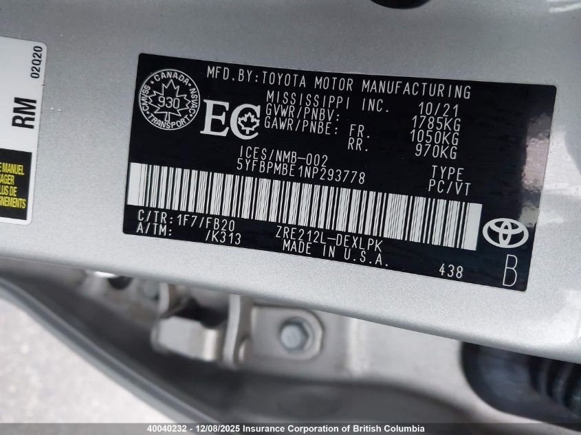 2022 Toyota Corolla Le/Xle VIN: 5YFBPMBE1NP293778 Lot: 40040232