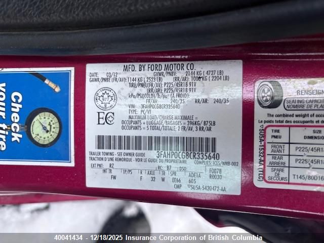 2012 Ford Fusion Sel VIN: 3FAHP0CG8CR335640 Lot: 40041434