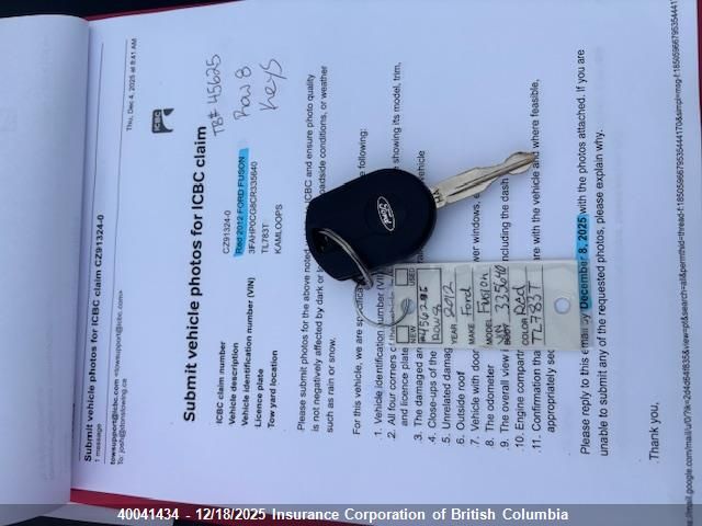 2012 Ford Fusion Sel VIN: 3FAHP0CG8CR335640 Lot: 40041434