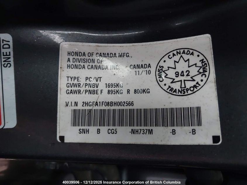 2011 Honda Civic Exl VIN: 2HGFA1F08BH002566 Lot: 40039506