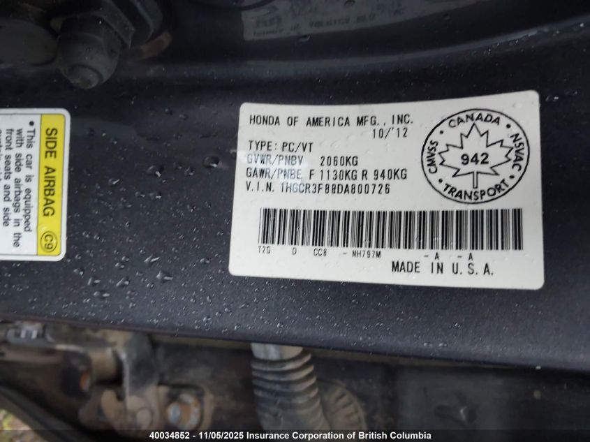 2013 Honda Accord Exl VIN: 1HGCR3F88DA800726 Lot: 40034852