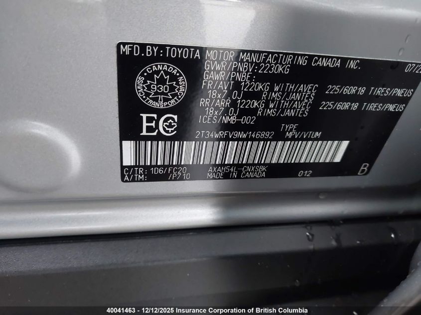 2022 Toyota Rav4 VIN: 2T34WRFV9NW146892 Lot: 40041463