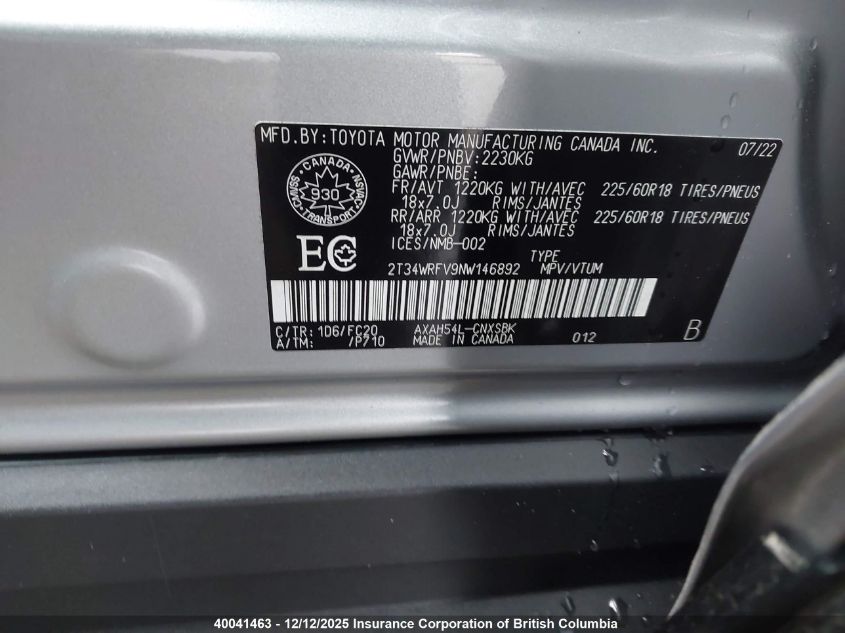 2022 Toyota Rav4 VIN: 2T34WRFV9NW146892 Lot: 40041463