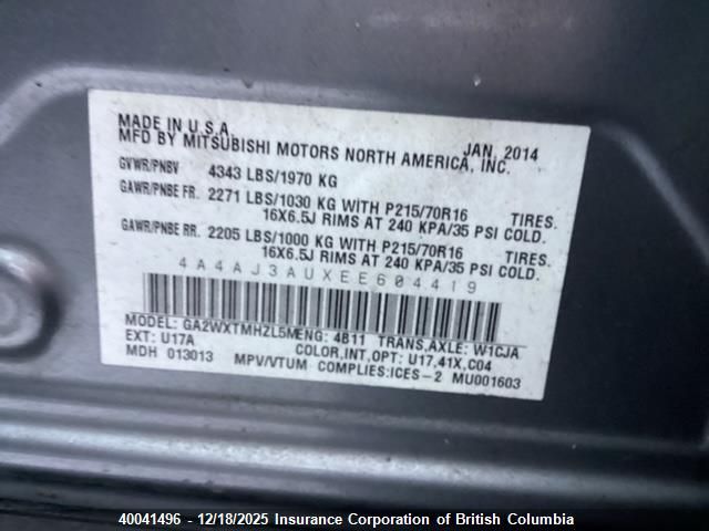 2014 Mitsubishi Rvr VIN: 4A4AJ3AUXEE604419 Lot: 40041496