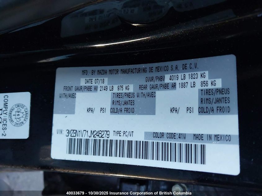 2018 Mazda 3 Gs VIN: 3MZBN1V71JM246279 Lot: 40033679