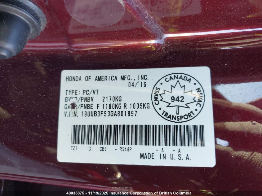 2016 Acura Tlx Tech VIN: 19UUB3F53GA801897 Lot: 40033875