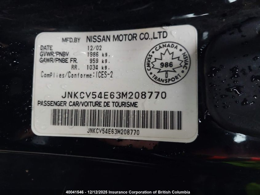 2003 Infiniti G35 VIN: JNKCV54E63M208770 Lot: 40041546