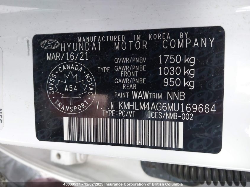 2021 Hyundai Elantra Sel VIN: KMHLM4AG6MU169664 Lot: 40039537