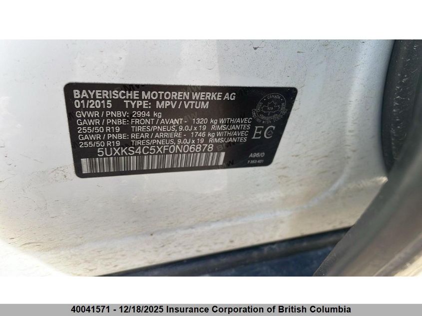 2015 BMW X5 VIN: 5UXKS4C5XF0N06878 Lot: 40041571