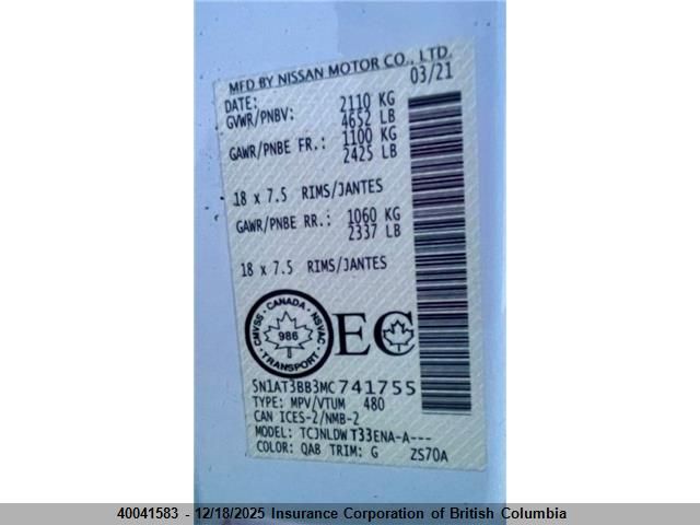 2021 Nissan Rogue VIN: 5N1AT3BB3MC741755 Lot: 40041583