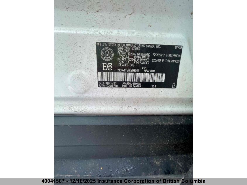 2019 Toyota Rav4 VIN: 2T3BWRFV0KW030631 Lot: 40041587