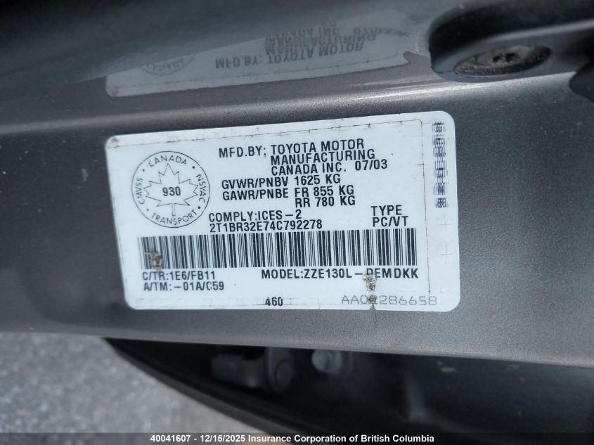 2004 Toyota Corolla Ce/Le/S VIN: 2T1BR32E74C792278 Lot: 40041607