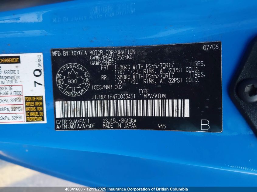 2007 Toyota Fj Cruiser VIN: JTEBU11F470033451 Lot: 40041608