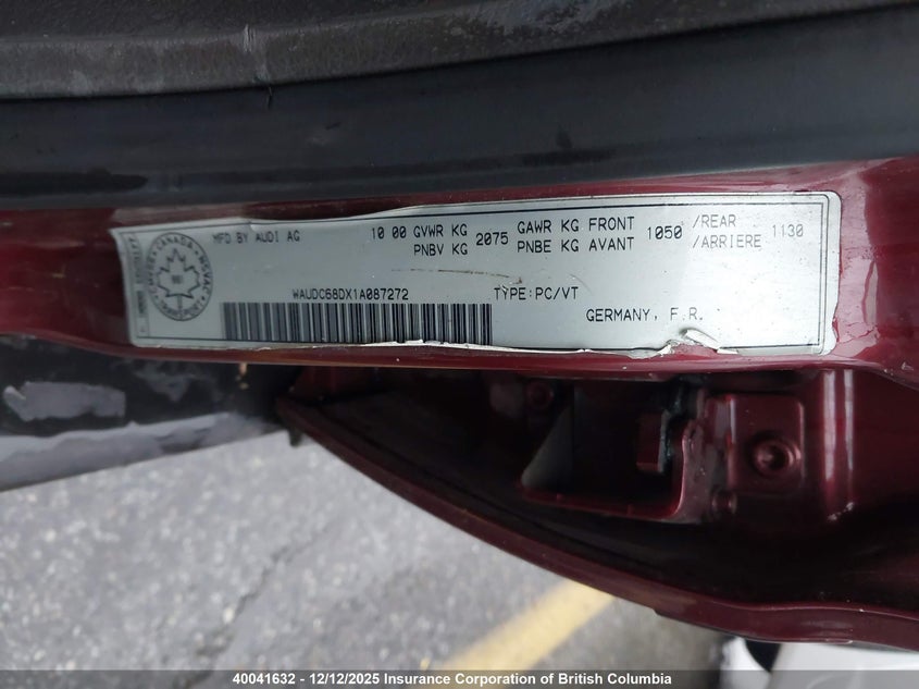 WAUDC68DX1A087272 2001 AUDI A4 photo no. 9