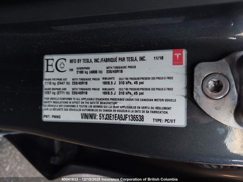 5YJ3E1EA9JF136538 2018 TESLA MODEL 3 photo no. 9