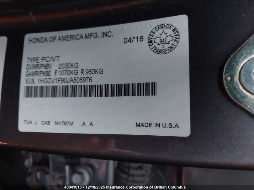 2018 Honda Accord Touring VIN: 1HGCV1F90JA806976 Lot: 40041015